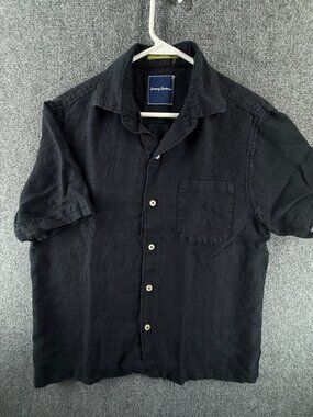Tommy Bahama Herringbone Short Sleeve Small Linen Dark Blue Pocket Casual Beach